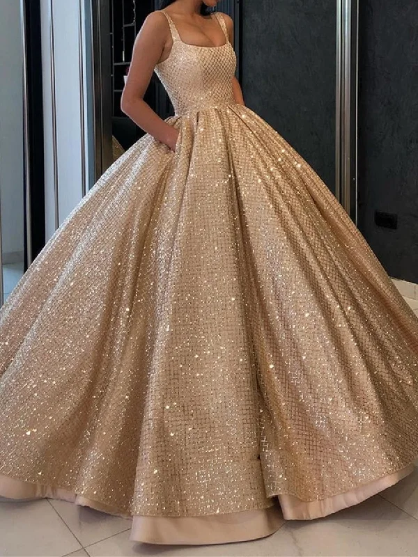 Forward Trendsetter Gorgeous Sequins Golden Long Prom Gown with Pockets, Bling Bling Golden Prom Dresses, Golden Formal Dresses, Evening Dresses