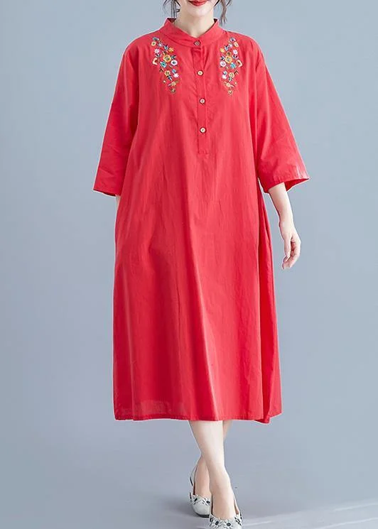 Trendy Street Style Clothing Elegant stand collar pockets cotton tunics for women Work Outfits red embroidery Maxi Dresses summer