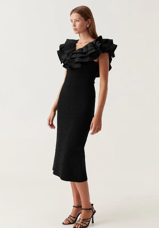 Trendy Street Style Attire Transcendent Ruffle Midi Dress Black