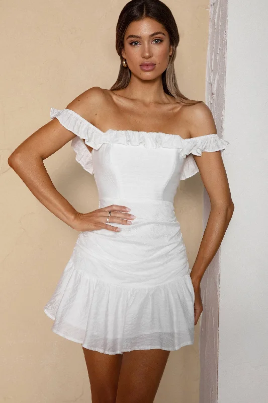 Insane Discount Onslaught Paradis Off-Shoulder Ruched Bodice Mini Dress White