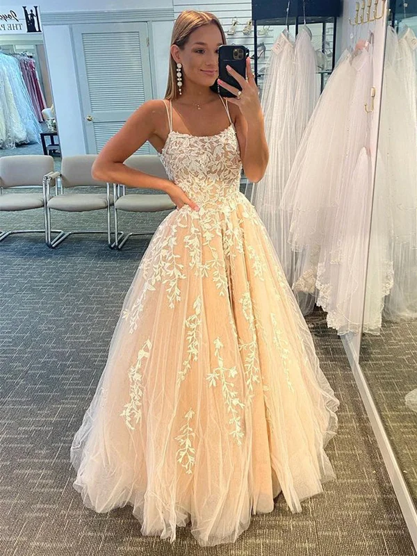 Limited Time Offer Open Back Champagne Lace Tulle Long Prom Dresses, Champagne Lace Formal Evening Dresses, Champagne Ball Gown SP2402