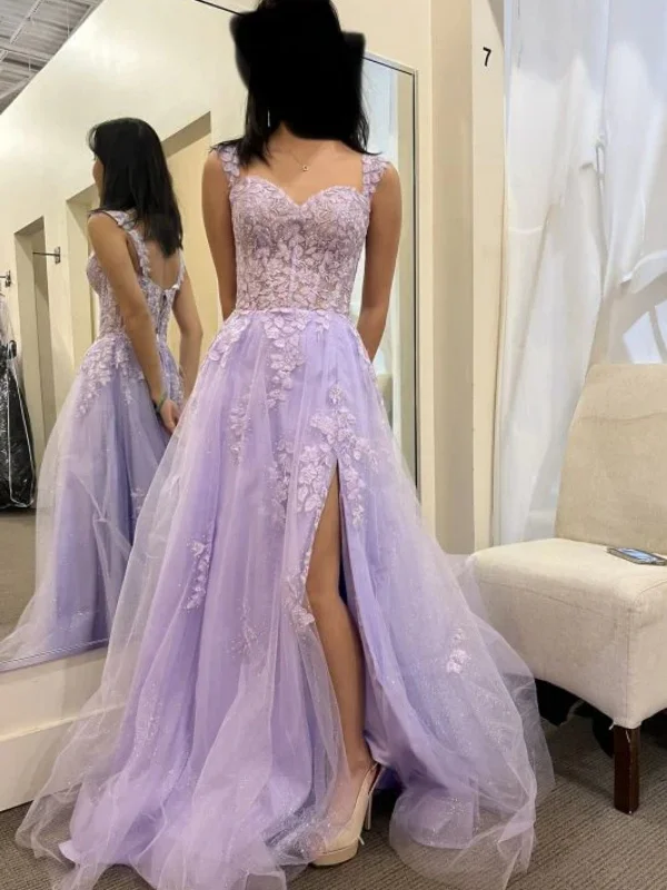 Must Haves Open Back Lilac Lace Long Prom Dresses with High Slit, Purple Lace Tulle Formal Evening Dresses, Lilac Ball Gown SP2475