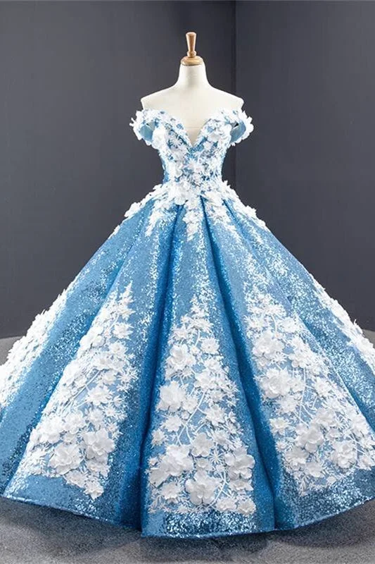 Special Occasion Wear Off the Shoulder Blue and White Ball Gown