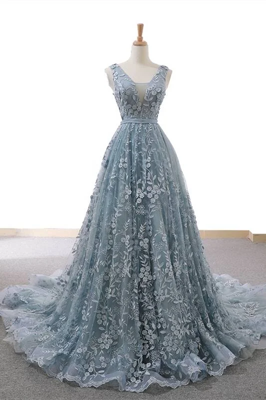 Fashion Deal Gorgeous A-line Grey Lace Appliques Long Prom Gown