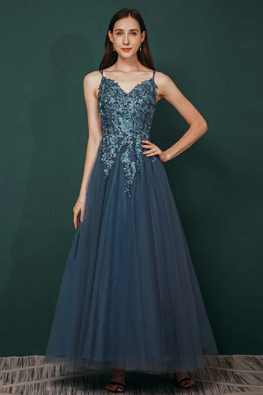 Exquisite Craftsmanship Navy Blue Appliques A-line Long Formal Gown