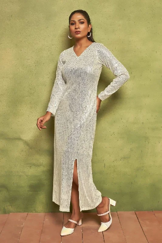 Seasonal Trend Pearl White Sequin Maxi Dress | V-Neck Long Sleeve Glamour