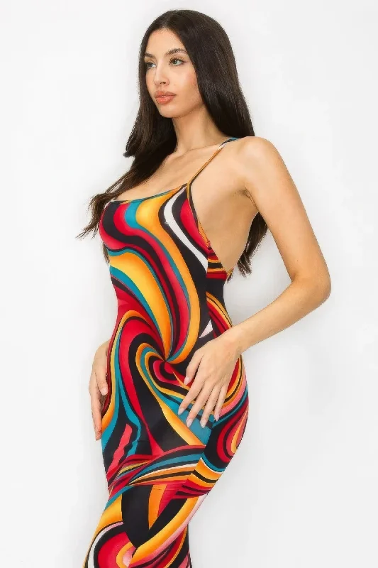 Evening Elegance Crossed Back Marble Print Multicolor Midi Dress