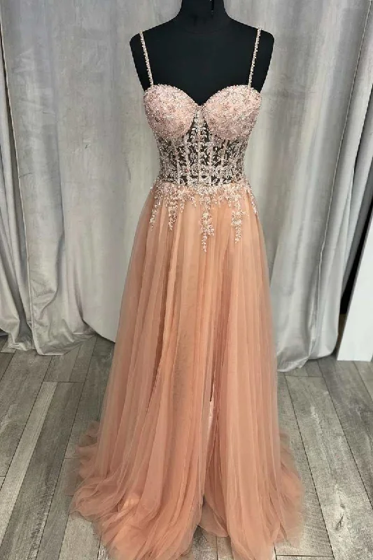 Minimalist Office - Ready Style Princess Peach Tulle Rhinestones Corset A-Line Prom Gown