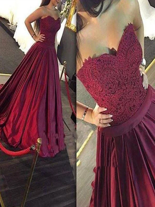 Season Appropriate Women's Collection Custom Made A Line Sweetheart Sweep Train Burgundy Prom Dress with Lace, Maroon Prom Gown, Formal Dresses