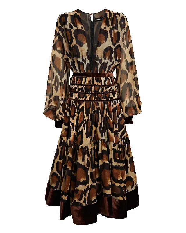 Contemporary Elegance Animal Print Tiered Midi Dress w/ Velvet Trim