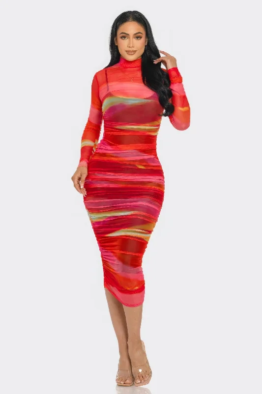 The Good Stuff Glitch Print Mesh Ruched Midi Dress