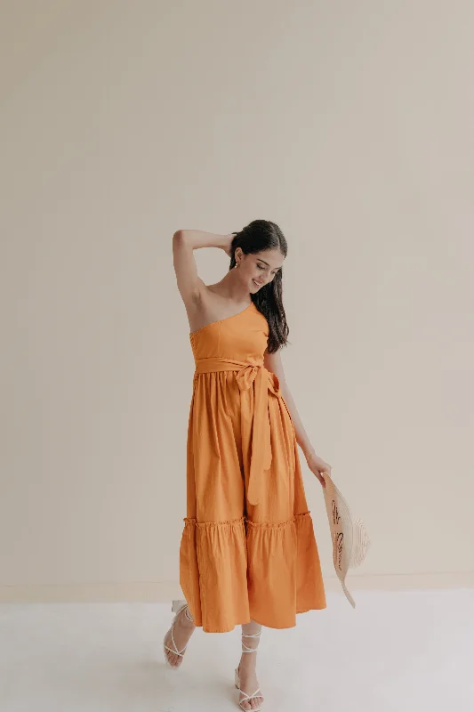 Casual Chic Zoe Orange One Shoulder Midi Dress