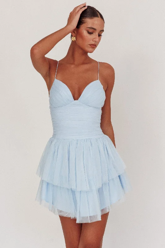 New Season Fashion Preview Nightingale Ruched Mesh Mini Dress Baby Blue