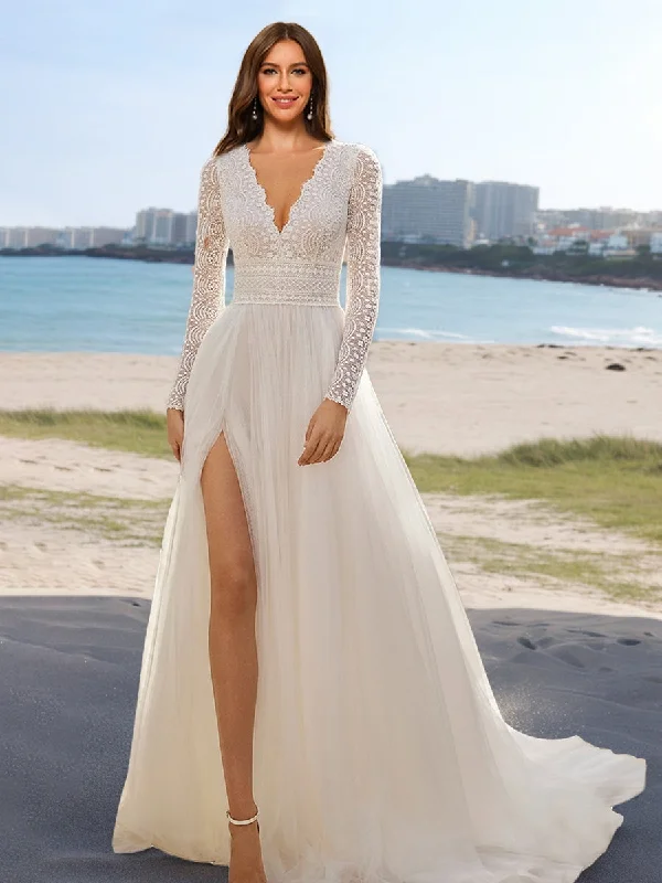 Clearance Sale, All Cheap A-Line/Princess V-Neck Long Sleeves Lace Wedding Dresses