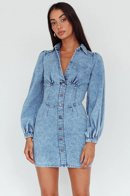 Special Occasion Wear South Beach Long Sleeve Collared Mini Dress Denim