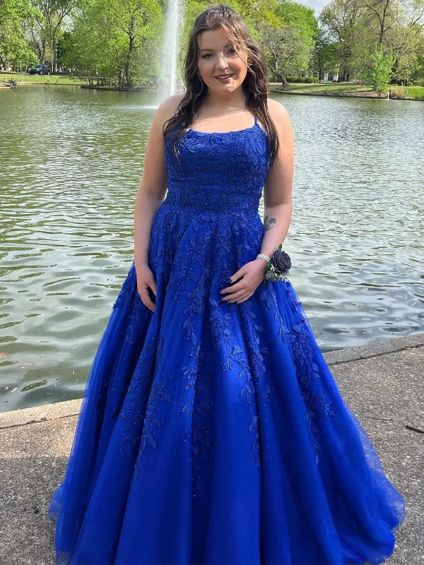 Low Price Special Open Back Beaded Royal Blue Lace Long Prom Dresses, Royal Blue Lace Formal Evening Dresses, Royal Blue Ball Gown SP2805