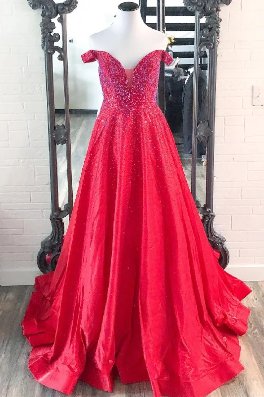 Last Chance Sale Elegant Off the Shoulder Red Beaded Long Formal Gown