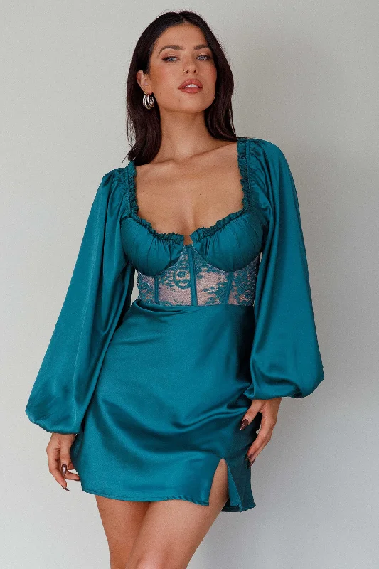 Big Savings Trophy Long Sleeve Lace Bodice Mini Dress Forest Green