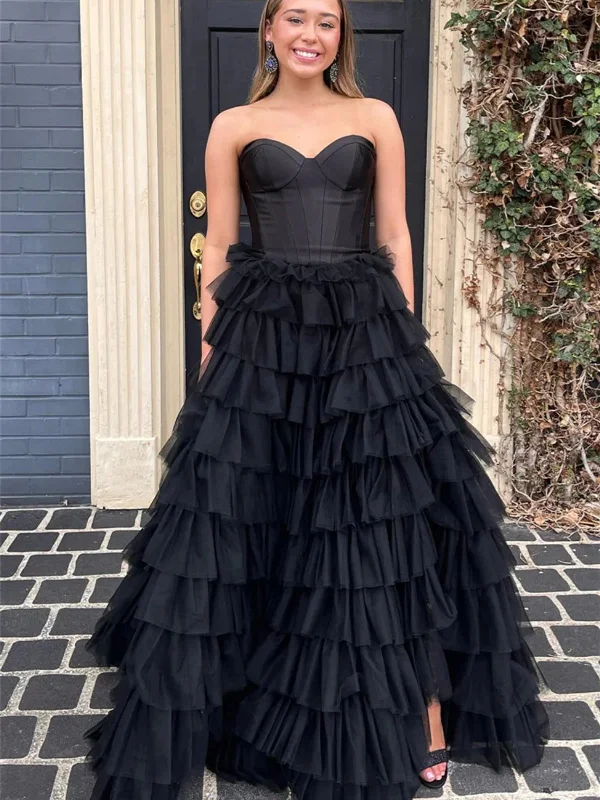 Best Seller Sweetheart Neck Strapless Black Ruffle Tulle Long Prom Dresses, Black Formal Evening Dresses, Ball Gown SP2816