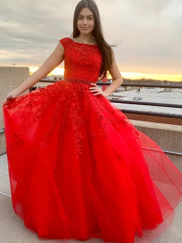 Hot Picks Round Neck Cap Sleeves Lace Red Long Prom Dresses, Cap Sleeves Red Lace Formal Dresses, Red Lace Evening Dresses, Red Ball Gown