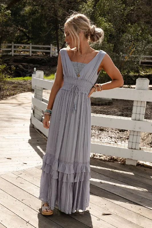 Crazy Price Slashing Santa Maria Tiered Lace Maxi Dress - Washed Gray