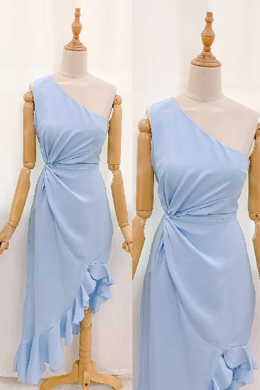 Chic Outfits One Shoulder Light Blue Ruffle Maxi Dress