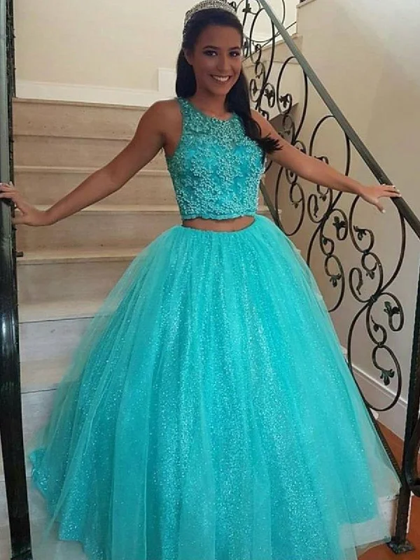 Style Your Wardrobe Sparkly Round Neck Two Pieces Lace Beading Long Prom Dresses, Two Pieces Lace Ball Gown, Formal Dresses