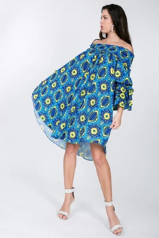 Exclusive Sale Puffy Ruffle Sleeve Smocking Off Shoulder Print Midi Dress