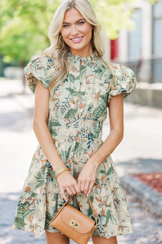 Limited Time Special Offer Let's Get Going Sage Green Floral Dress