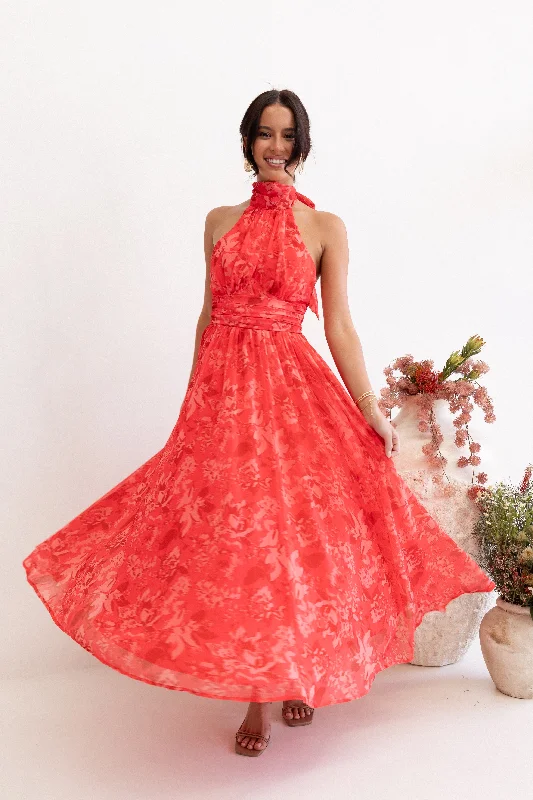 New Styles Just In Primrose Halterneck Maxi Dress - Red Floral