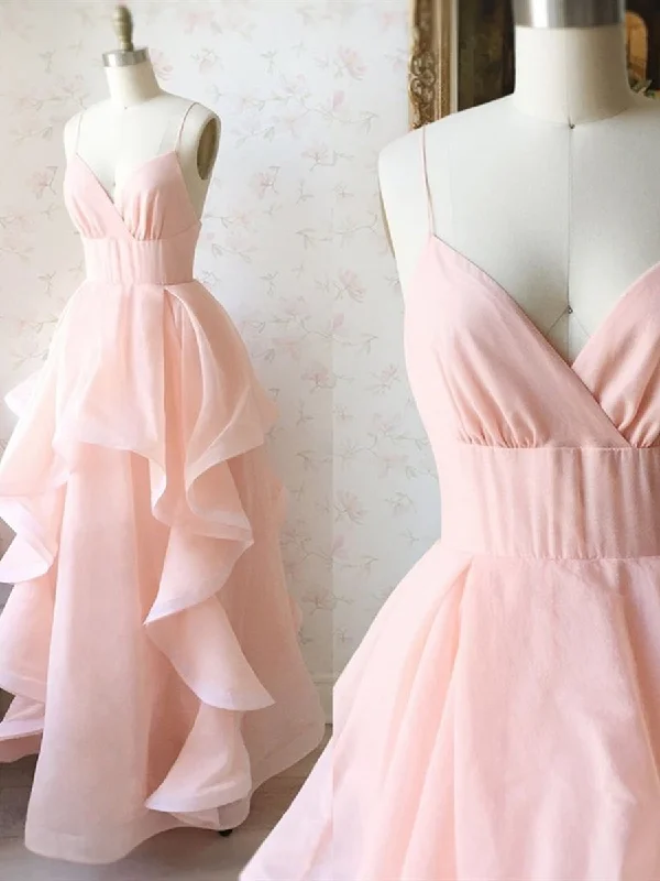 Unbeatable Prices Stylish V Neck Long Pink Prom Dresses, Fluffy Pink Formal Evening Dresses, Pink Ball Gown