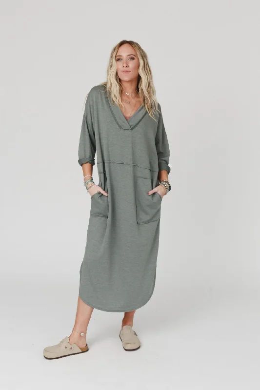 Browse Our Top Products The Nest Meadow Long Sleeve Slit Maxi Dress - Light Olive