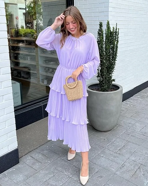 Browse Our Top Products ZESICA Long Sleeve Crew Neck Ruffle Tiered Chiffon Midi Dress