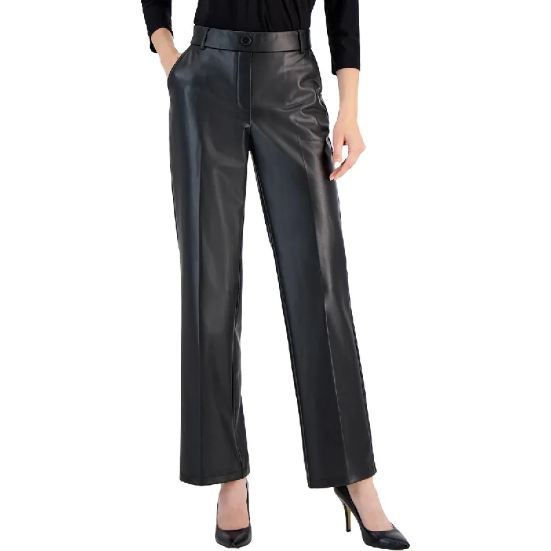 Elegant Details Petites Womens High Rise Faux Leather Wide Leg Pants