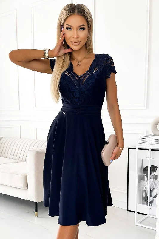 Unleash Your Trend Driven Style Numoco 381-4 LINDA - chiffon dress with lace neckline - Navy blue Unleash Your Trend Driven Style Numoco 381-4 LINDA - chiffon dress with lace neckline - Navy blue