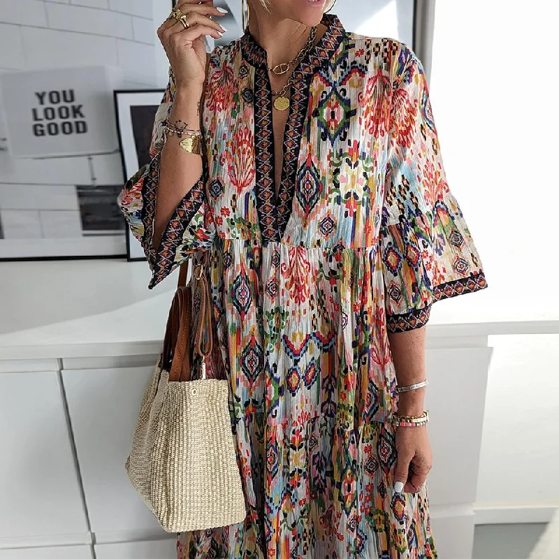 Chic Urban Fashion Look Attractive 3/4 Sleeve Print Midi Dress