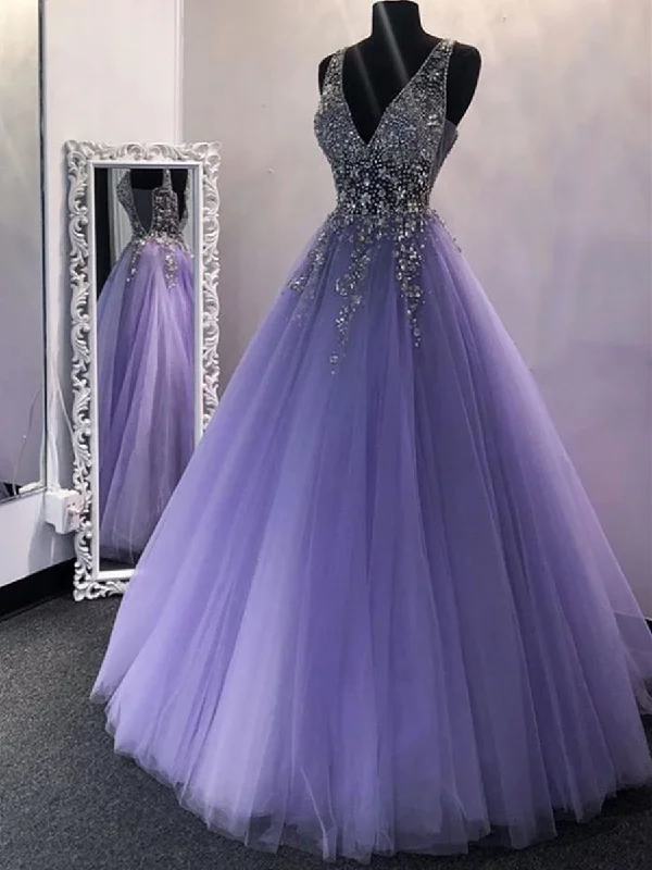 Step Ahead, Lead The Trend Chic V Neck Sequins Purple Tulle Long Prom Dresses, V Neck Lilac Formal Evening Dresses, Purple Ball Gown