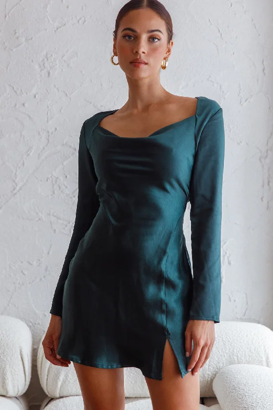 Buy More, Save More Champs Elysees Long Sleeve Open Back Mini Dress Forest Green