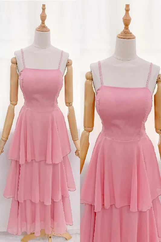 Seasonal Fashion Straps Pink Chiffon Tiered Maxi Dress