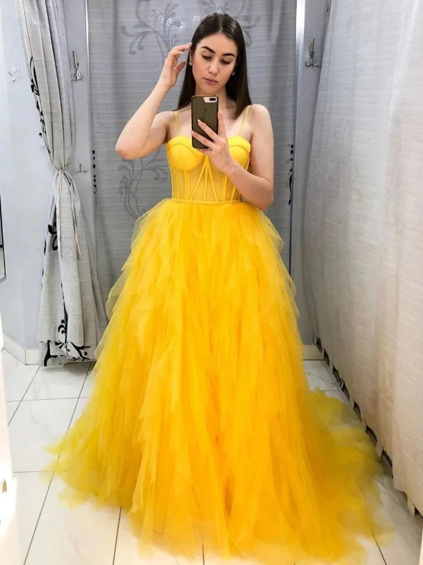 New Season Fashion Preview Sale Sweetheart Neck Fluffy Yellow Tulle Long Prom Dresses, Yellow Formal Evening Dresses, Ball Gown SP2663