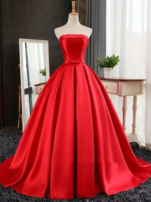 Trendy Styles Custom Made Simple Ball Gown Strapless Sweep Train Red Ruched Prom Dress With Bow