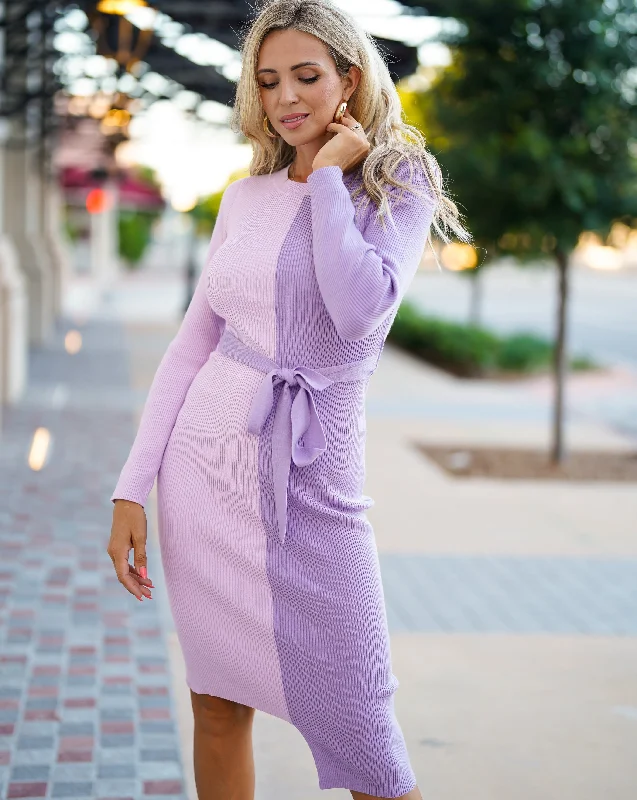 Trendy And Individual Women's Fashion ZESICA Long Sleeve Crewneck Tie Waist Ribbed Midi Dress