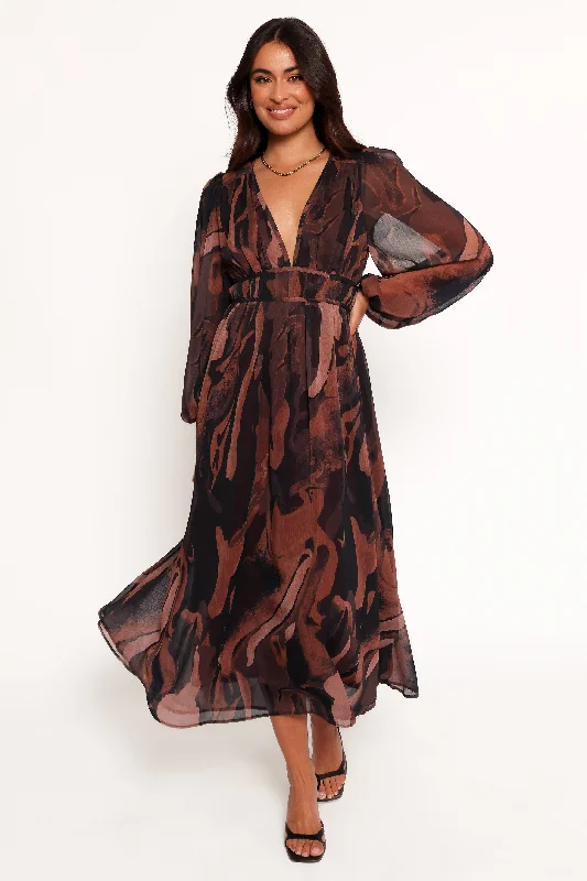 Limited Time Offers Blayze Long Sleeve Maxi Dress - Brown Print