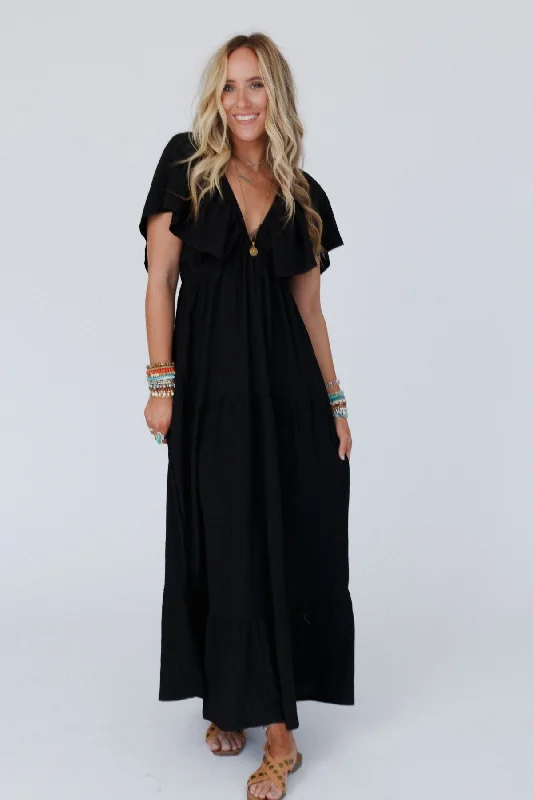 Absurdly Cheap Sale On Repeat Textured Open Back Ruffle Maxi Dress - Black