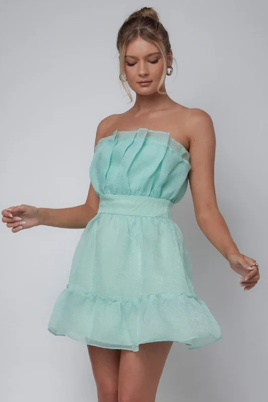 Cottagecore Rustic Charm Style Marisela Strapless Frill Hem Mini Dress Mint