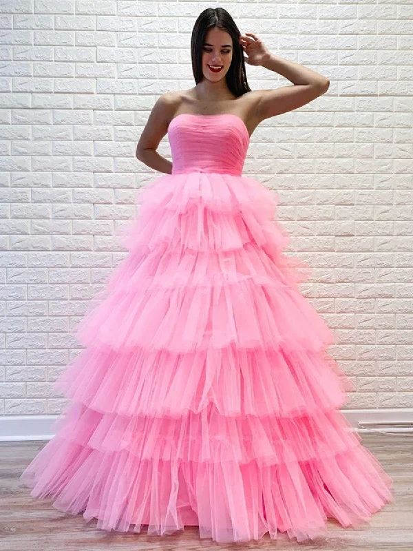 All Season Basics Discount Gorgeous Strapless Layered Pink Long Prom Dresses, Pink Formal Evening Dresses, Layered Pink Ball Gown