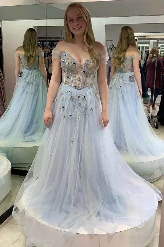 Big Savings On Minimalist Office Styles Fairy-Tale Light Blue Tulle Beaded Off-the-Shoulder A-Line Prom Gown