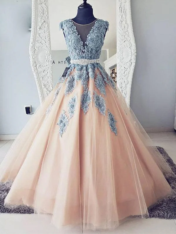 Best Sellers Cap Sleeves Round Neck Blue Lace Pink Tulle Long Ball Gown with Belt, Lace Pink Prom Dresses, Formal Dresses