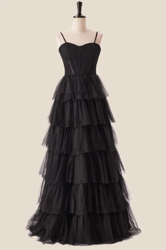 Feminine Elegance Straps Black Tiered Ruffles Long Maxi Dress