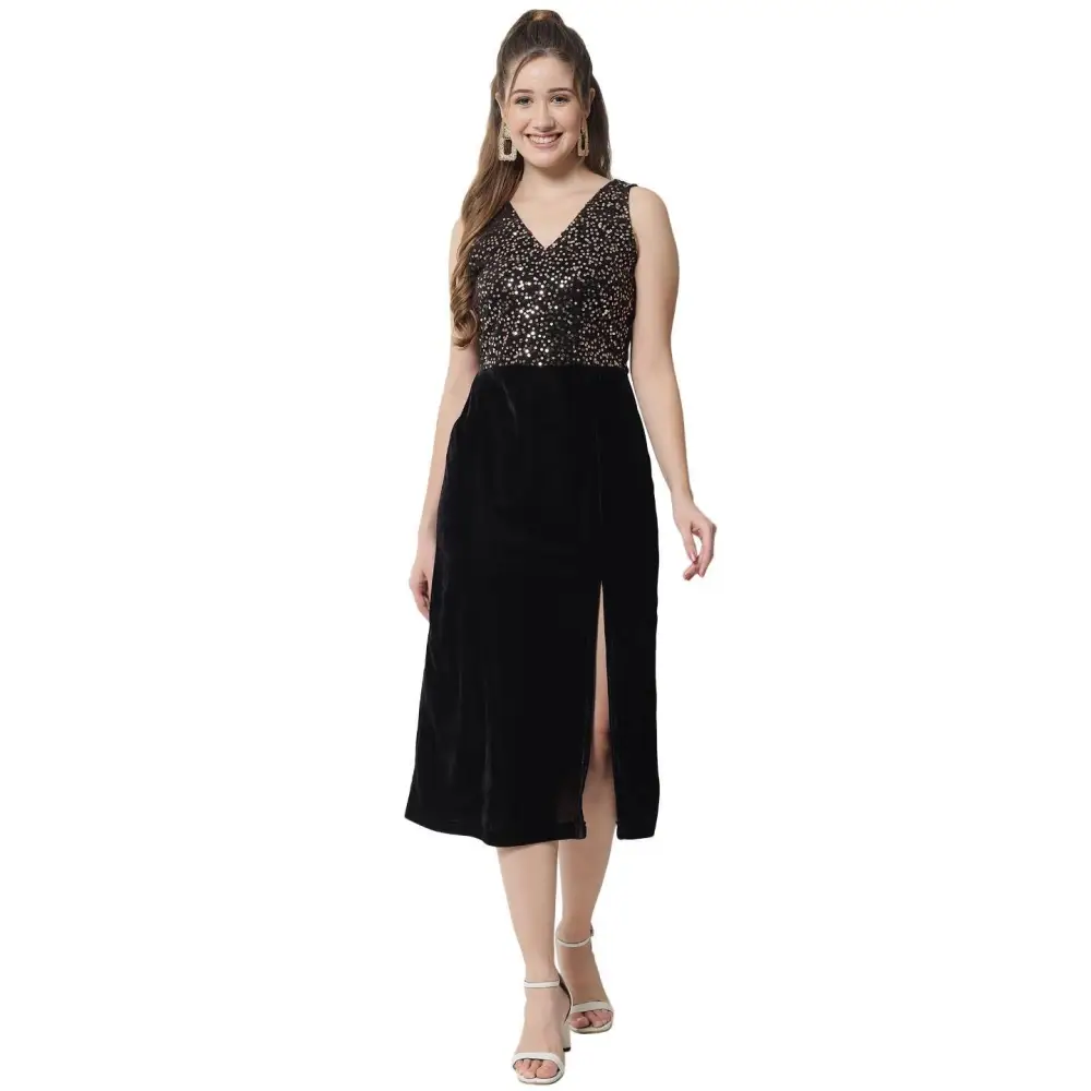 Embrace New Fashion TRENDARREST Women's Polyester Embellished Front Slit Midi Dress